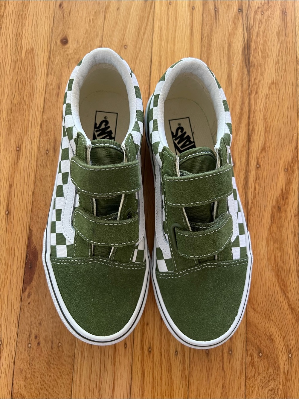 NWT! Vans Little Kids Old Skool V Green Checkerboard Velcro Sneakers